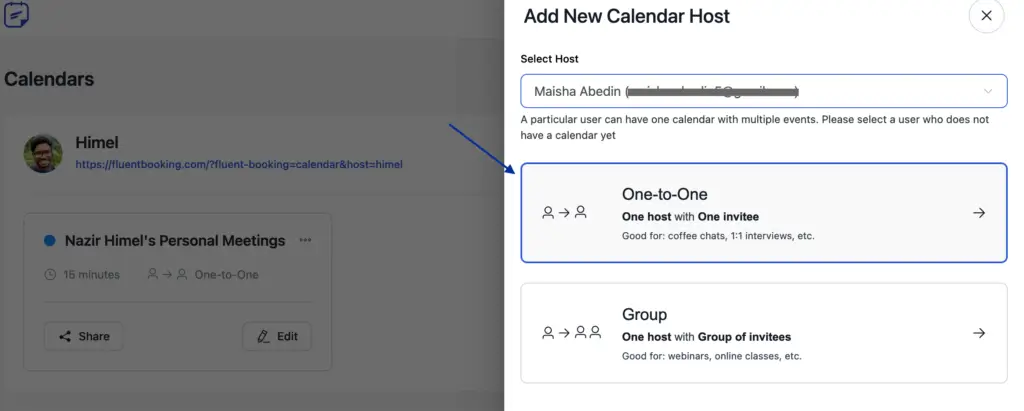 Selecting a meeting type for one-on-one meeting